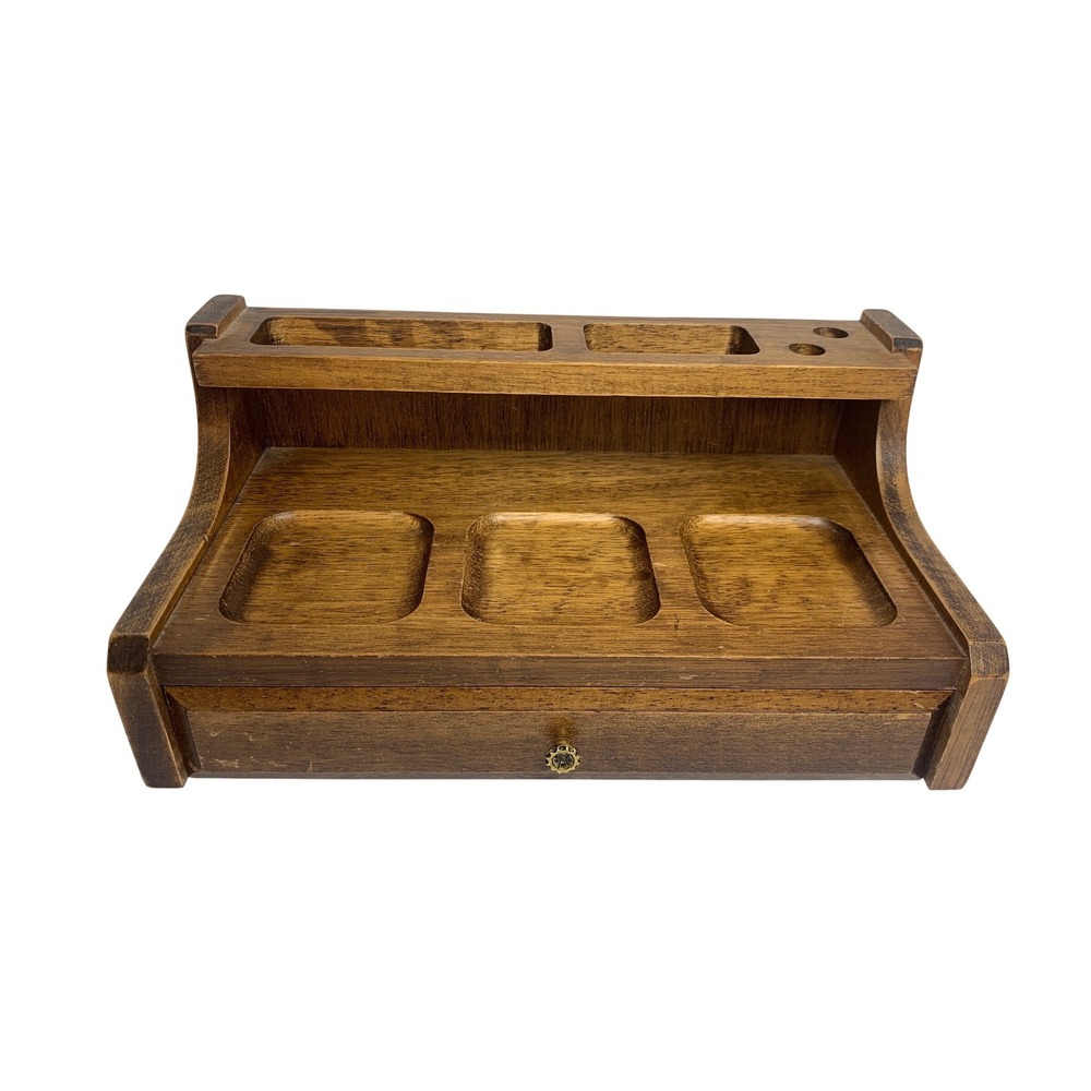 Vintage Wood Desk Organizer Valet Tray Red Felt Lined Jewelry Drawer Brown